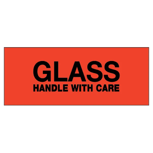 Labels - "Glass Handle With Care" Black/Neon Red P-6 2IN x 5IN 500/RL