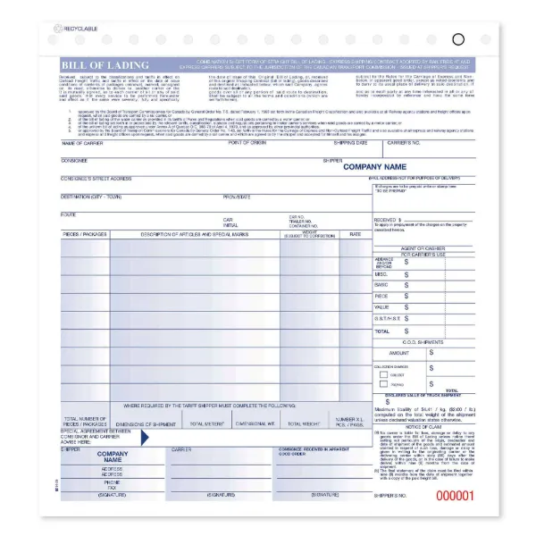 Delivery Form - Bill of Lading 3 PTS 94-09 8-1/2IN x 9-1/8IN 100/PK